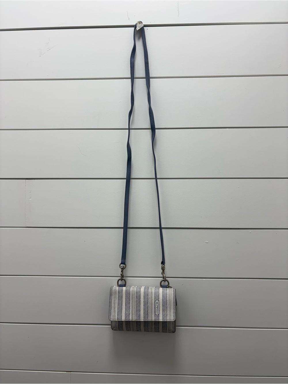 Coach Striped Silver Crossbody Bag with Blue Strap